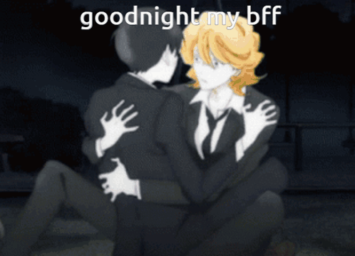 A Picture Of Two Men Hugging With The Words Goodnight My Bff On The Bottom GIF