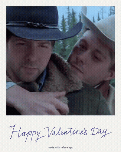 A Picture Of Two Men Hugging With The Words Happy Valentine 'S Day Made With Reface App GIF