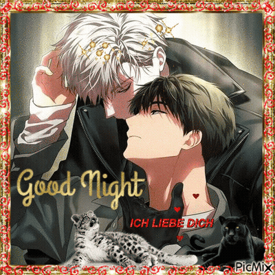 A Picture Of Two Men Kissing With The Words Good Night Ich Liebe Dich Written On The Bottom GIF