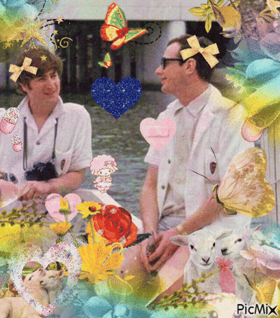 A Picture Of Two Men Surrounded By Flowers And Butterflies With The Words Picmix On The Bottom GIF