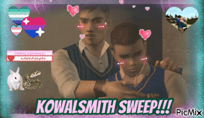 A Picture Of Two Men With Hearts And The Words Kowalsmith Sweep !!! GIF