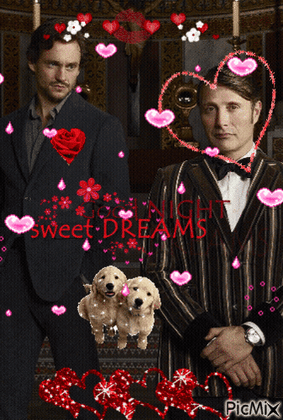 A Picture Of Two Men With Hearts Around Them And The Words Sweet Dreams On The Bottom GIF