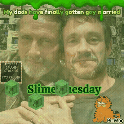 A Picture Of Two Men With The Caption " My Dads Have Finally Gotten Gay N Arrived Slime Tiesday " GIF