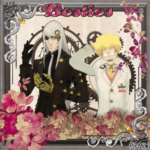 A Picture Of Two Men With The Words Besties In Pink Letters GIF