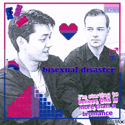 A Picture Of Two Men With The Words Bisexual Disaster GIF