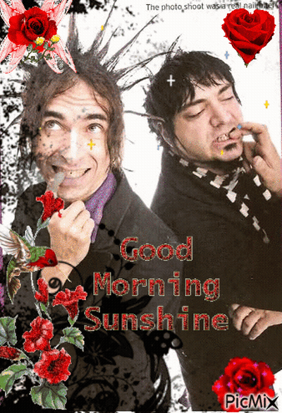 A Picture Of Two Men With The Words Good Morning Sunshine On The Bottom GIF
