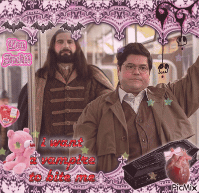 A Picture Of Two Men With The Words I Want A Vampire To Bite Me On It GIF