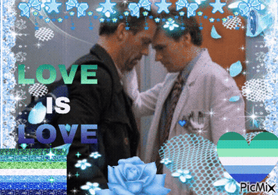 A Picture Of Two Men With The Words Love Is Love Written Above Them GIF