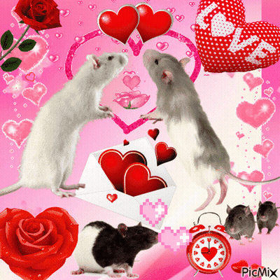 A Picture Of Two Mice Standing Next To An Envelope With Hearts In It GIF