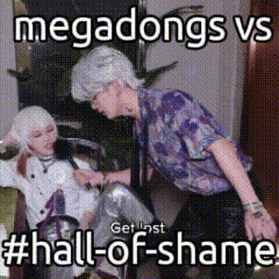 A Picture Of Two People With The Caption Megadongs Vs Hall-Of-Shame . GIF