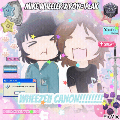 A Picture Of Two People With The Words Mike Wheeler X Roye Peak On The Bottom GIF