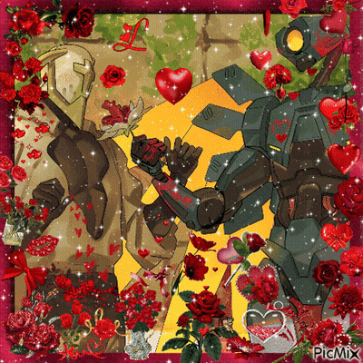 A Picture Of Two Robots Surrounded By Red Roses And Hearts With The Word Picmix In The Corner GIF