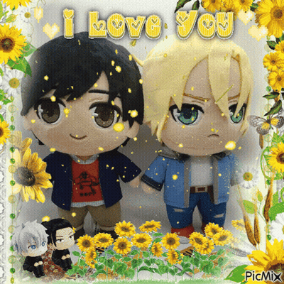 A Picture Of Two Stuffed Anime Characters With The Words " I Love You " On Top GIF