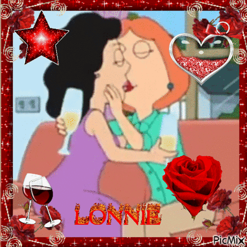 A Picture Of Two Women Kissing With The Name Lonnie In Red Letters GIF