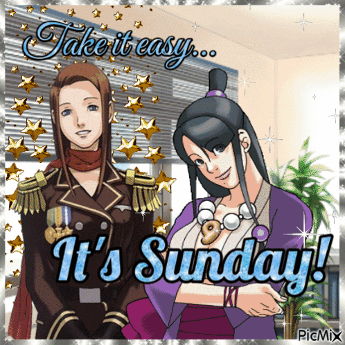 A Picture Of Two Women With The Words Take It Easy It 'S Sunday On It GIF