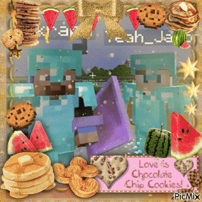 A Picture Of Watermelon Pancakes And Cookies With A Sign That Says Love As Chocolate Chip Cookies GIF