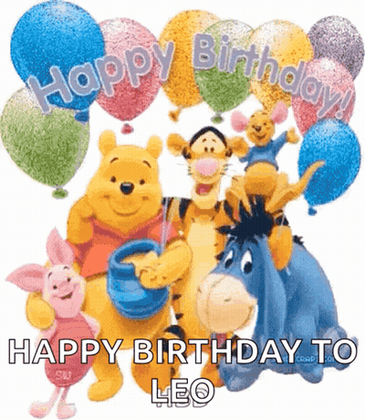 A Picture Of Winnie The Pooh And His Friends With Balloons And The Words Happy Birthday To Leo GIF