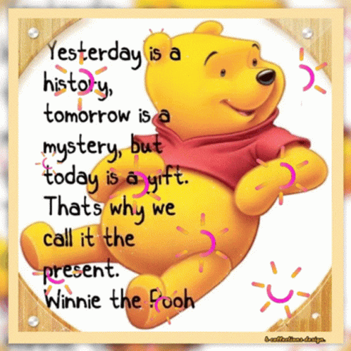 A Picture Of Winnie The Pooh With A Quote That Says Yesterday Is History Tomorrow Is A Mystery But Today Is A Gift GIF