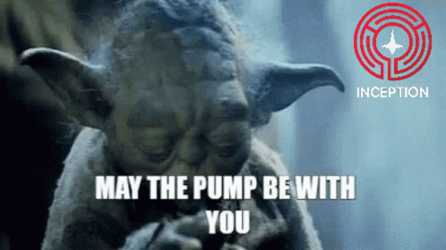 A Picture Of Yoda With The Words May The Pump Be With You On It GIF