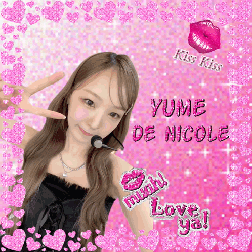 A Picture Of Yume De Nicole Is Surrounded By Pink Hearts And Glitter GIF