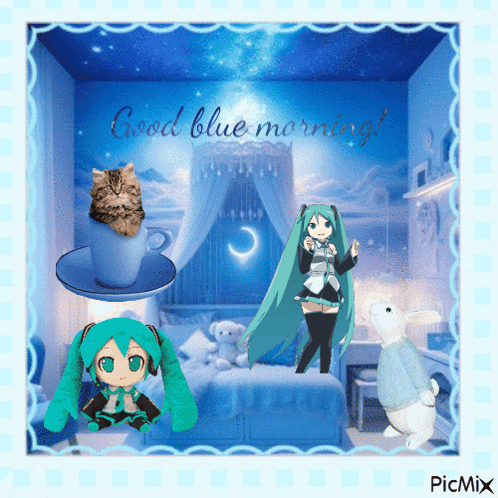 A Picture That Says Good Blue Morning With A Cat And A Girl GIF