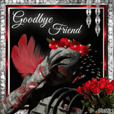 A Picture That Says Goodbye Friend With A Skeleton And Red Roses GIF