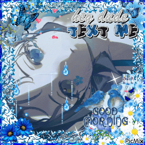 A Picture That Says Hey Dude Text Me Is Surrounded By Blue Flowers And Butterflies GIF