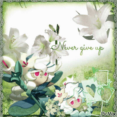 A Picture With White Flowers And The Words " Never Give Up " GIF
