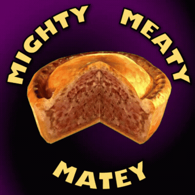 A Pie With A Slice Taken Out Of It And The Words Mighty Meaty Matey GIF