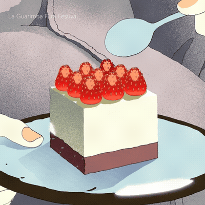 A Piece Of Cake With Strawberries On Top Is On A Plate With La Guarimba Film Festival Written In The Corner GIF