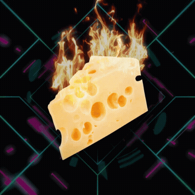 a piece of cheese with flames coming out of it on a dark background