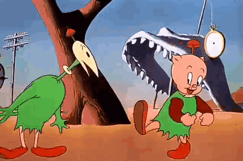 A Pig And A Bird Are Standing Next To Each Other In A Cartoon . The Bird Has A Clock On Its Head . GIF