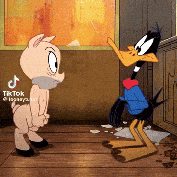 A Pig And A Duck From Looney Tunes Are Standing Next To Each Other In A Room GIF