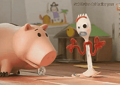 A Pig And A Fork Are Standing Next To Each Other In A Room . GIF