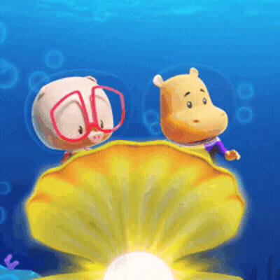 A Pig And A Hippo Are Looking At A Pearl In A Shell GIF