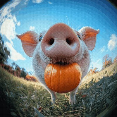 A Pig Holds A Pumpkin In Its Mouth And Looks At The Camera GIF
