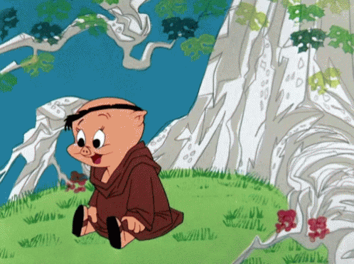 A Pig In A Monk Costume Is Sitting In The Grass Near A Tree GIF