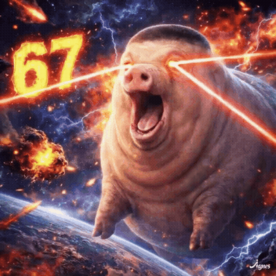 A Pig Is Flying Through Space With The Number 67 In The Background GIF