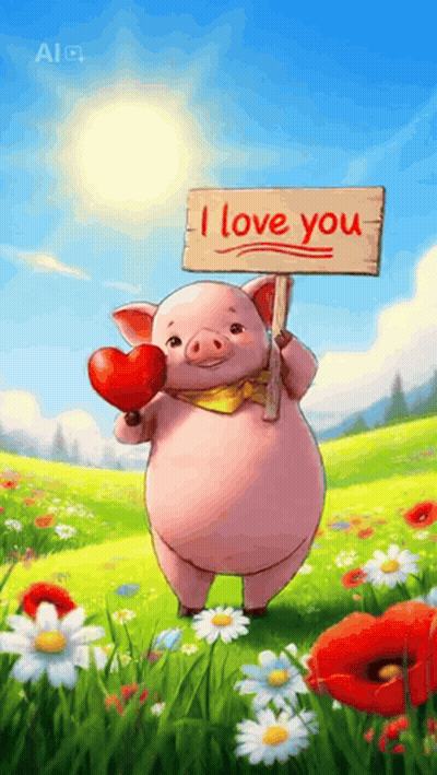 A Pig Is Holding A Sign That Says I Love You And A Heart . GIF