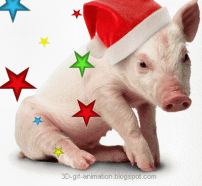 A Pig Is Wearing A Santa Hat With Stars Around It GIF