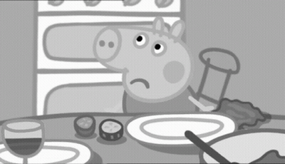 A Pig Sits At A Table With Plates And A Glass Of Wine GIF