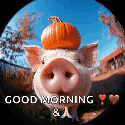A Pig With A Pumpkin On Its Head Says Good Morning & A Person GIF