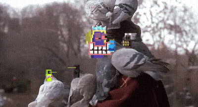 A Pigeon Is Sitting On A Person 'S Shoulder With A Pixelated Image Of A Man Behind It GIF