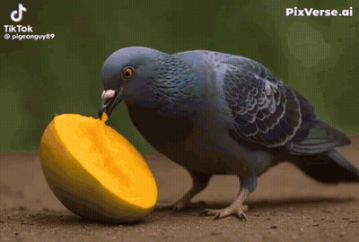 A Pigeon With A Blue Eye Is Eating A Mango Slice GIF