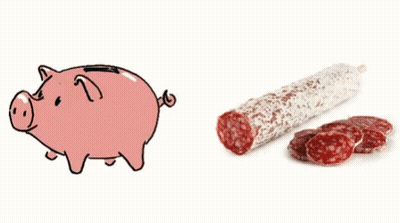 A Piggy Bank Next To A Sausage With Slices GIF