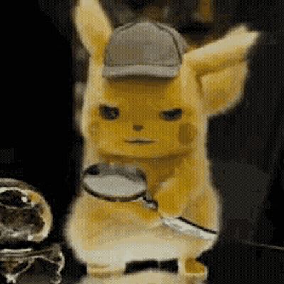 A Pikachu Doll Is Holding A Magnifying Glass And A Knife . GIF