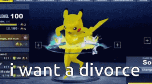 A Pikachu Is Dancing In A Video Game With The Words " I Want A Divorce " GIF