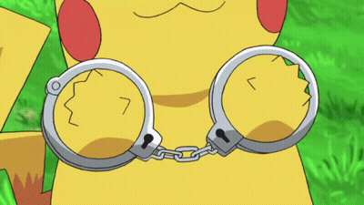 A Pikachu Is Wearing Handcuffs With The Letter L On It GIF