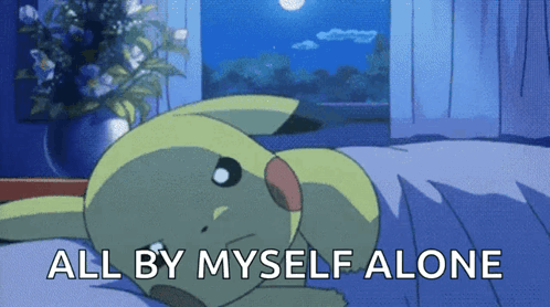 A Pikachu Laying On A Bed With The Words " All By Myself Alone " GIF