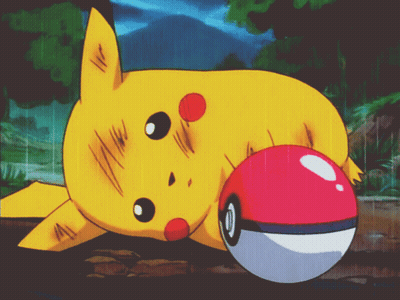A Pikachu Laying On The Ground Holding A Red Poke Ball GIF